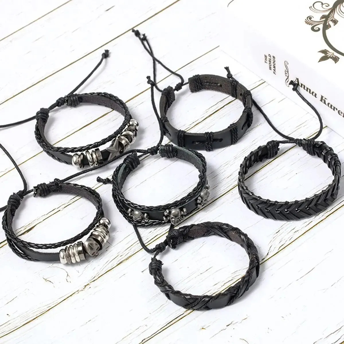6pcs Black Punk Skull Leather Bracelets Set - Smarsty