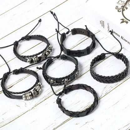 6pcs Black Punk Skull Leather Bracelets Set - Smarsty