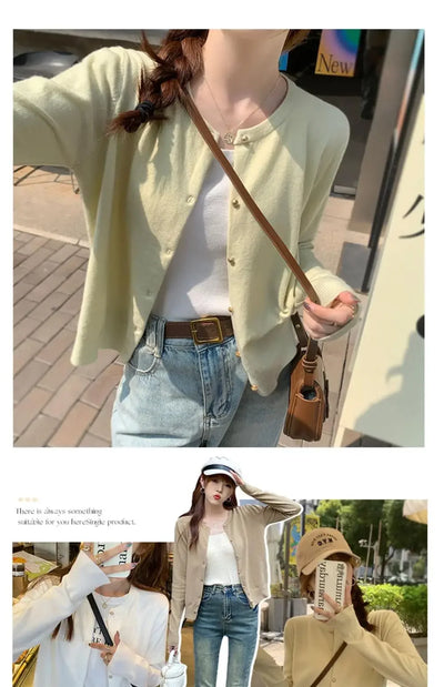 Solid Color Knitted for Women Cardigan Korean Single Breasted Long Sleeve Jumper Woman Round Neck All Match Cardigans Outwear - Smarsty