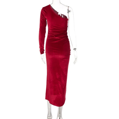Women Elegant Long Sleeve Party Evening Velvet Bodycon Split Pencil Midi Dress Spring Autumn Clothes - Smarsty