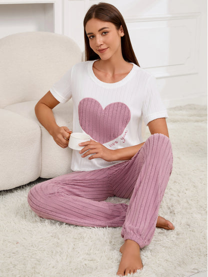 Women's new style pajamas set heart pattern short sleeve shirt trousers two-piece simple and lovely casual home wear - Smarsty