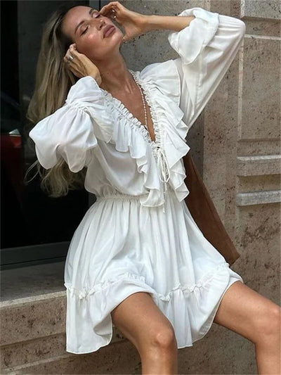 Talenza White Ruffle Bandage Mini Dress Women's Elegant Patchwork Long Sleeve Dress New Slim V Neck Lace Up Summer Mini Dress - Smarsty