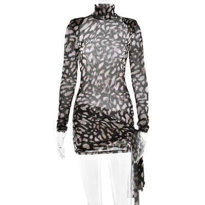 Fantoye Turtleneck Sexy Sheer Print Leopard Bandage Women Dress Long Sleeve Mini Dress Lady Spring Slim Elegant Party Club Dress - Smarsty