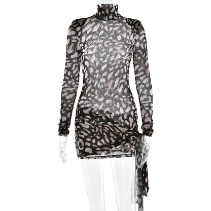 Fantoye Turtleneck Sexy Sheer Print Leopard Bandage Women Dress Long Sleeve Mini Dress Lady Spring Slim Elegant Party Club Dress - Smarsty