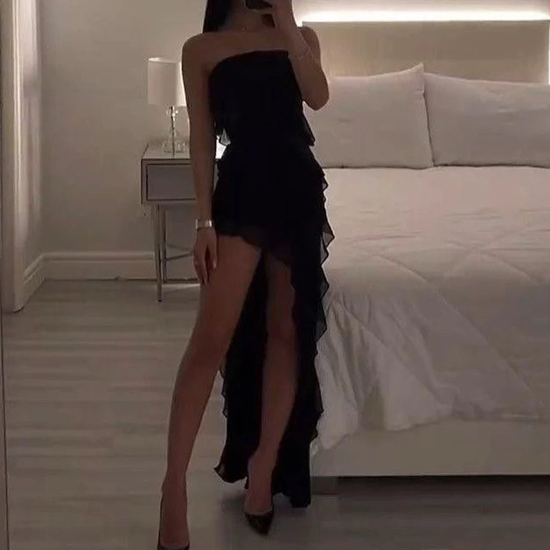 Women Strapless Sexy Floral Fold Hemline High Slit Mini Dress 2024 Solid Backless Sleeveless Black And Pink Party Dress Vestidos - Smarsty