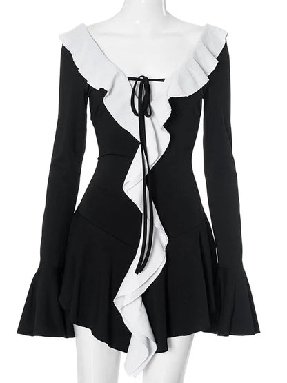 Tossy Ruffled Lace-Up White Mini Dress Women's V-Neck Patchwork Long Sleeve Sexy Slim Dress Bandage Elegant Female Summer Dress - Smarsty