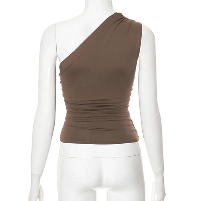 Solid Color One Shoulder Backless Shrink Tank Top T-Shirt Candy Color Tight Sexy Sleeveless Neckless Slim Casaul Top - Smarsty