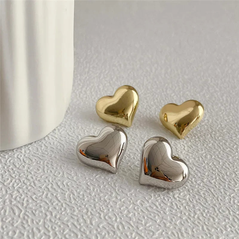 Gold Heart Stud Earrings Minimalist Smooth Bridal Wedding - Smarsty