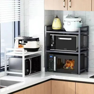Carbon Steel Thickened Retractable Kitchen Shelf Microwave Rack Oven Rack Rice Cooker Rack Storage Household Double Layer by Smarsty