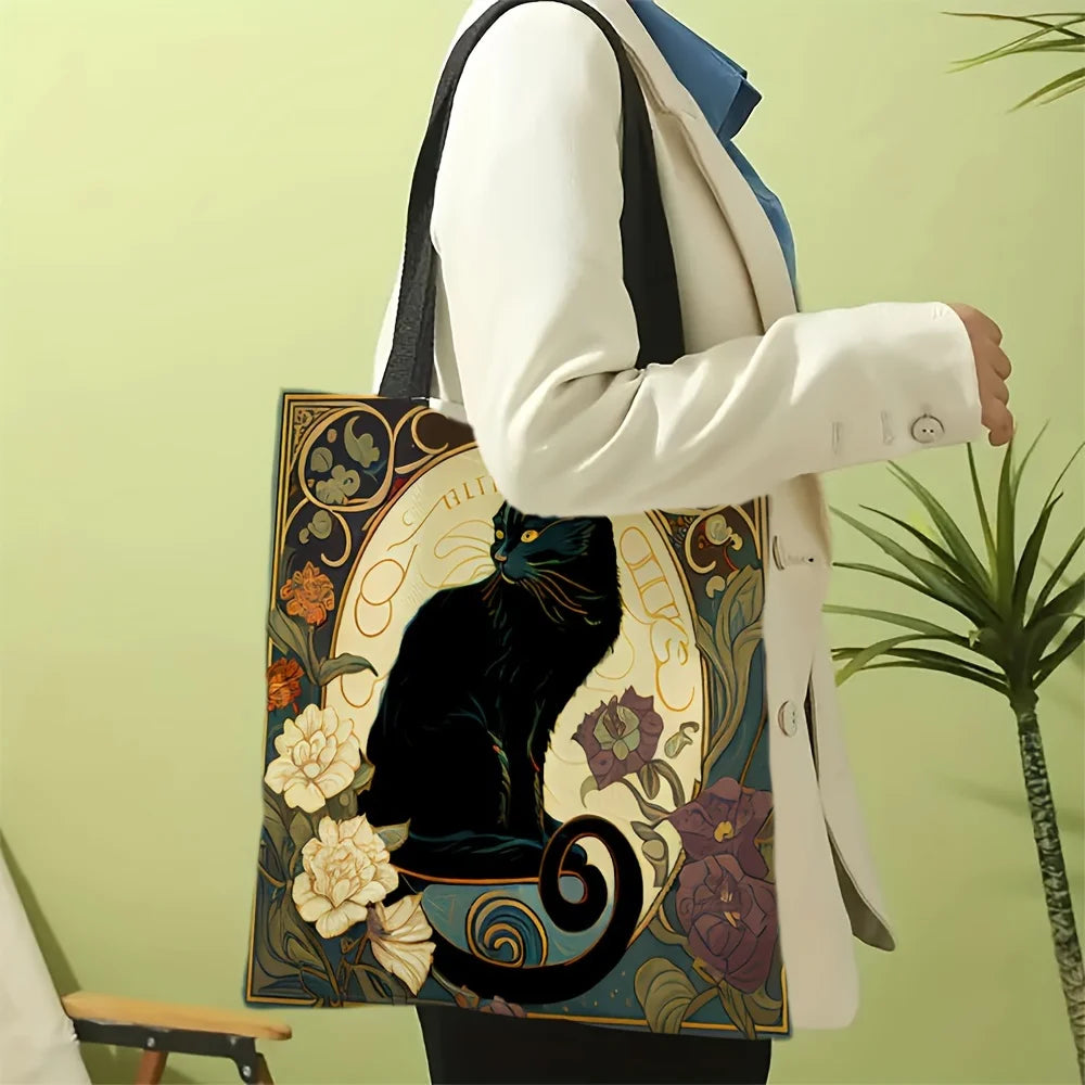 Retro Black Cat Tote Bag Linen Fabric Lightweight Shopping - Smarsty