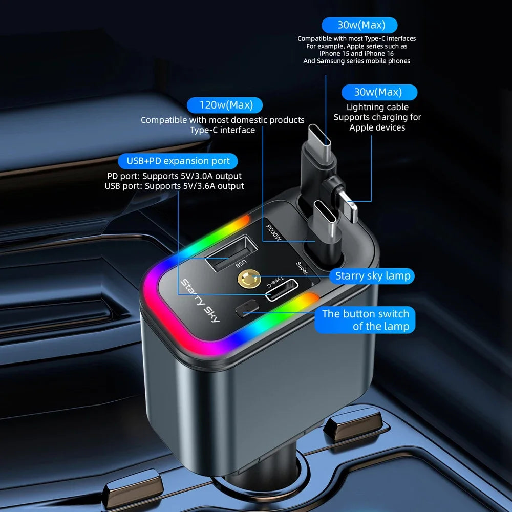 5-in-1 180W Car Fast Charger USB Type-C Power Adapter Retractable Phone Charger With Roof Starlight For IOS Android Phones - Smarsty