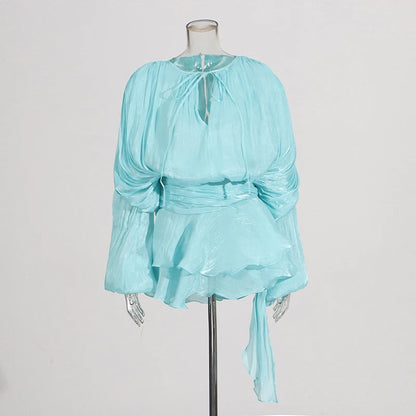 TWOTWINSTYLE Solid Patchwork Lace Up Blouse Mini Dresses For Women V Neck Long Sleeve Sweet Style Dress Female Clothing Fashion