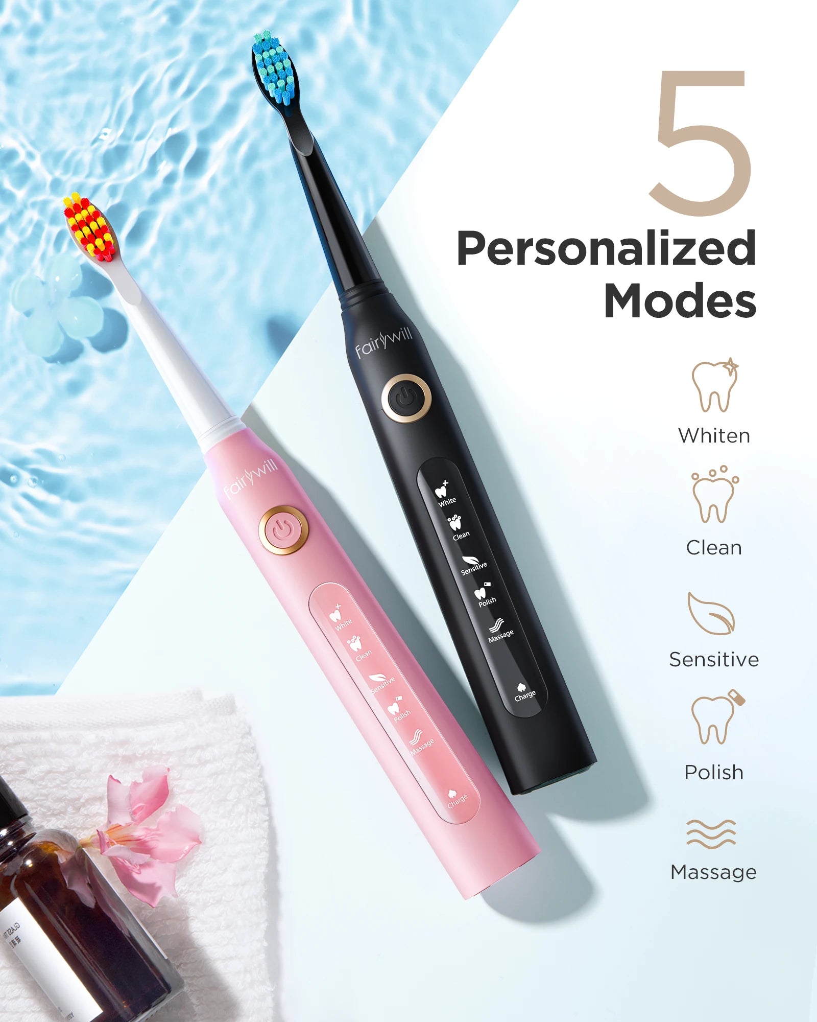 Fairywill Sonic Electric Toothbrush FW-D7 set USB Charge Toothbrushes case for Adult with tooth brush Heads 5 Mode Smart Time - Smarsty