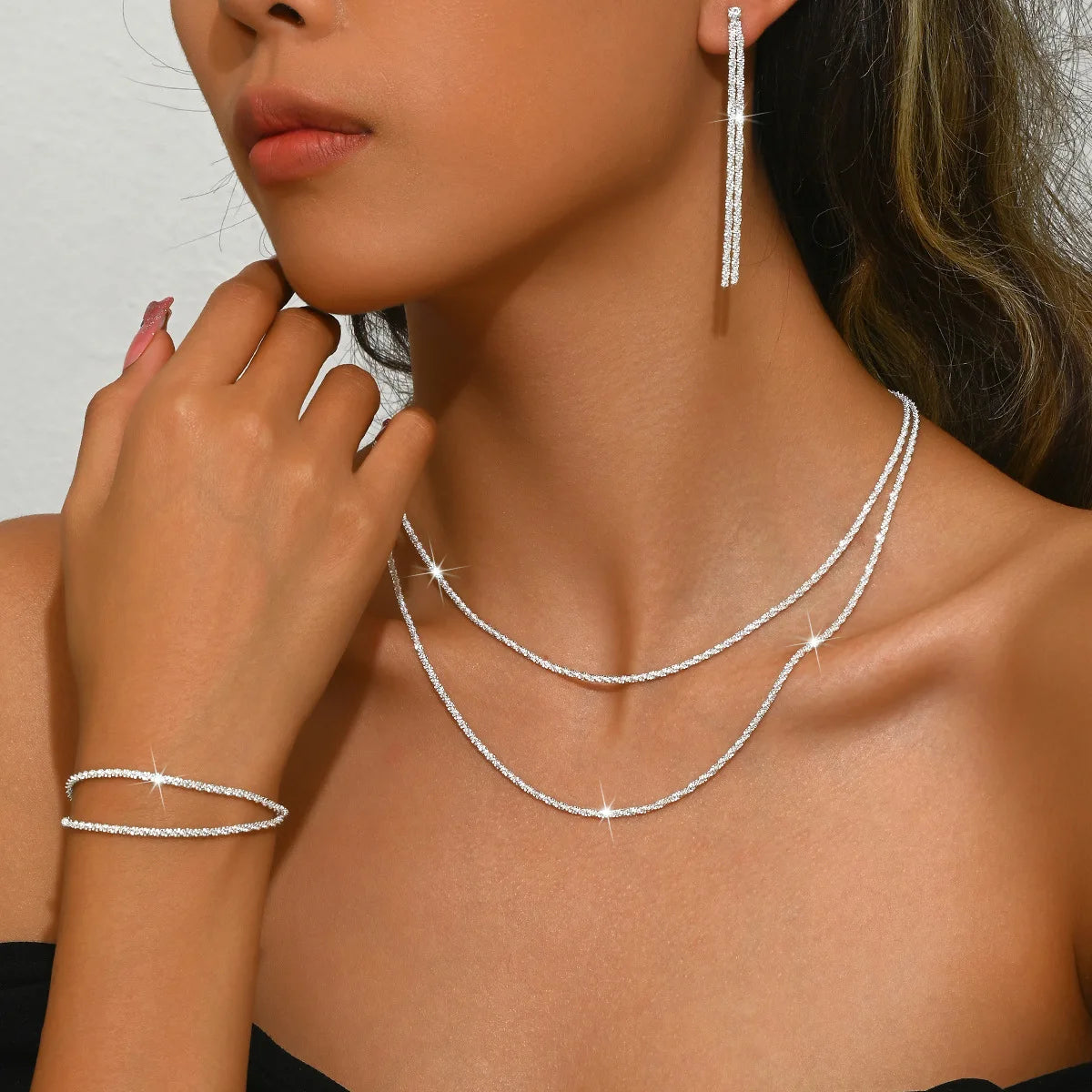 Shiny Silver Plated Necklace and Bracelet Jewelry Set - Smarsty