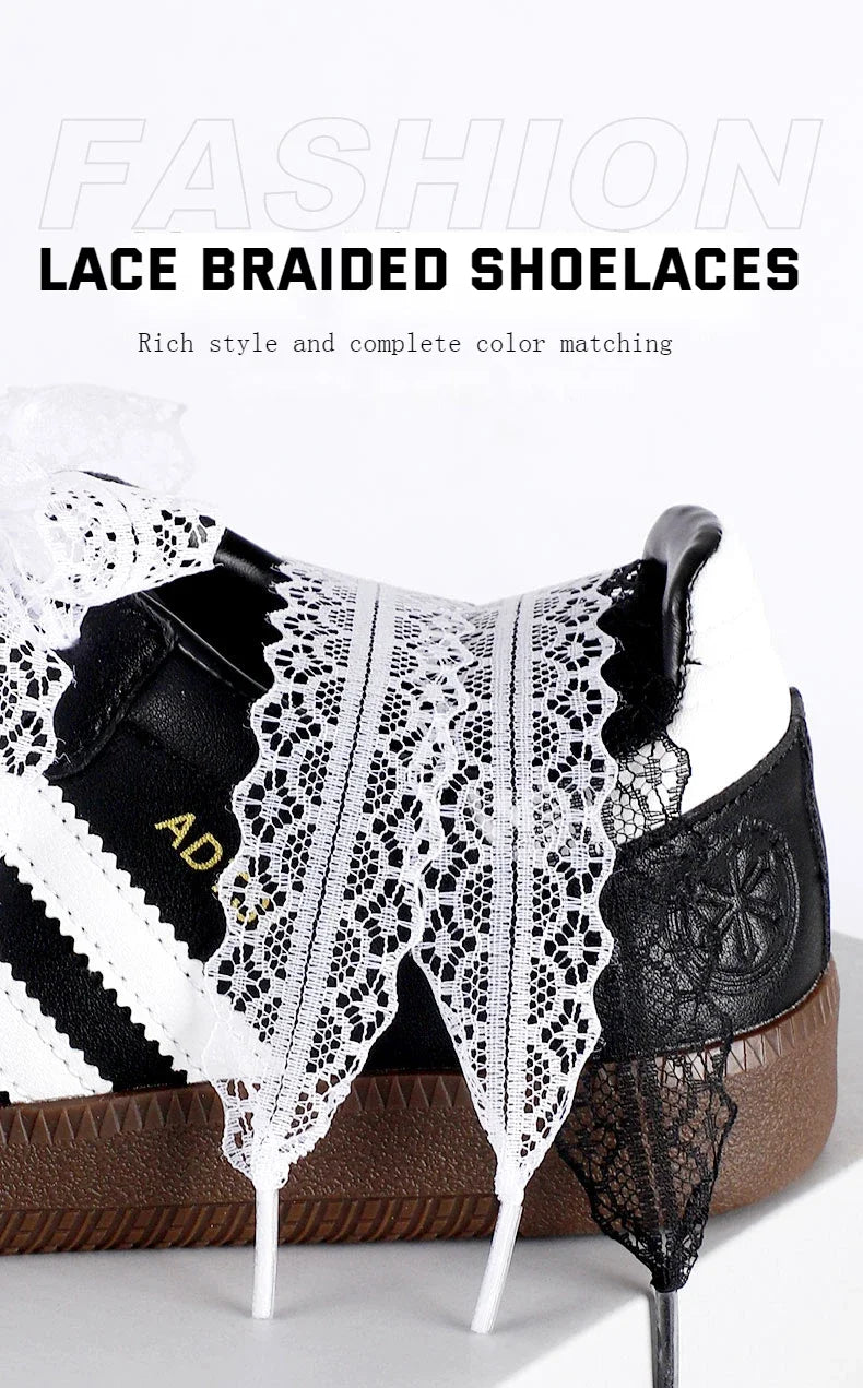 Lace Braided Shoelaces  2.9CM Width Fancy Flat Shoelace Black White Silk Shoe Laces for Ballet Sneakers German Training Shoes