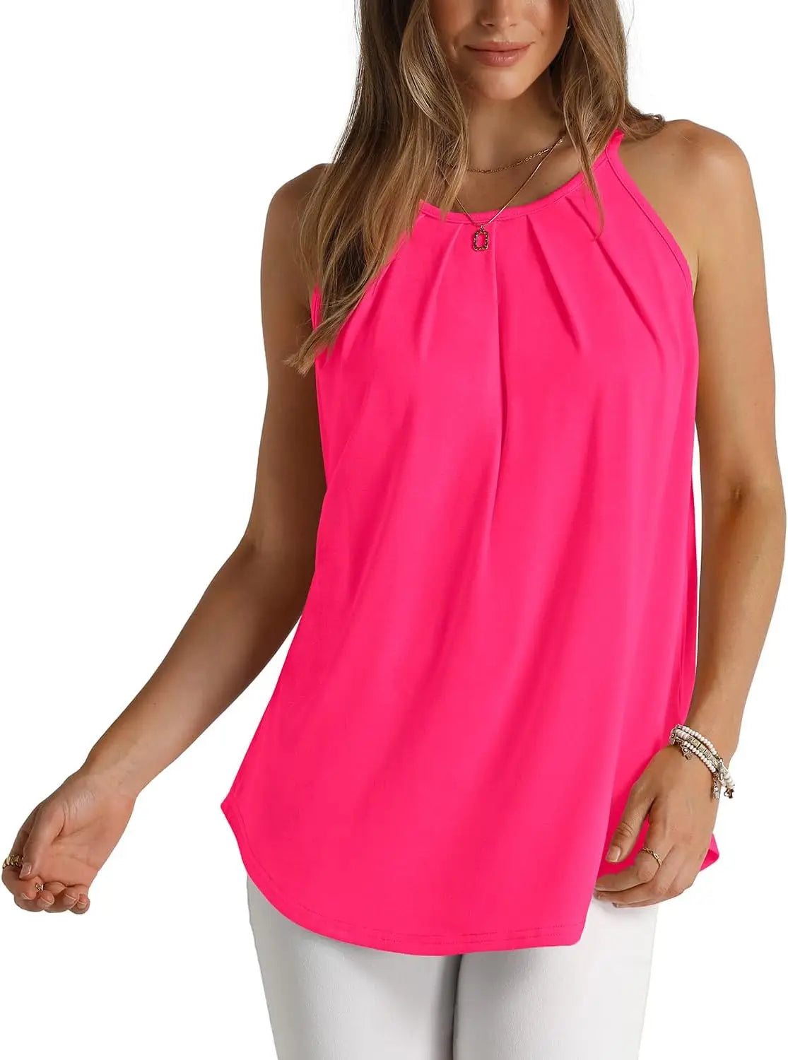 Womens Pleated Tank Tops Spaghetti Strap Camisole Halter Tops Curved Hem Fashion 2024