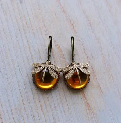 Vintage Bronze Dragonfly Drop Earrings with Moonstone Accent - Smarsty