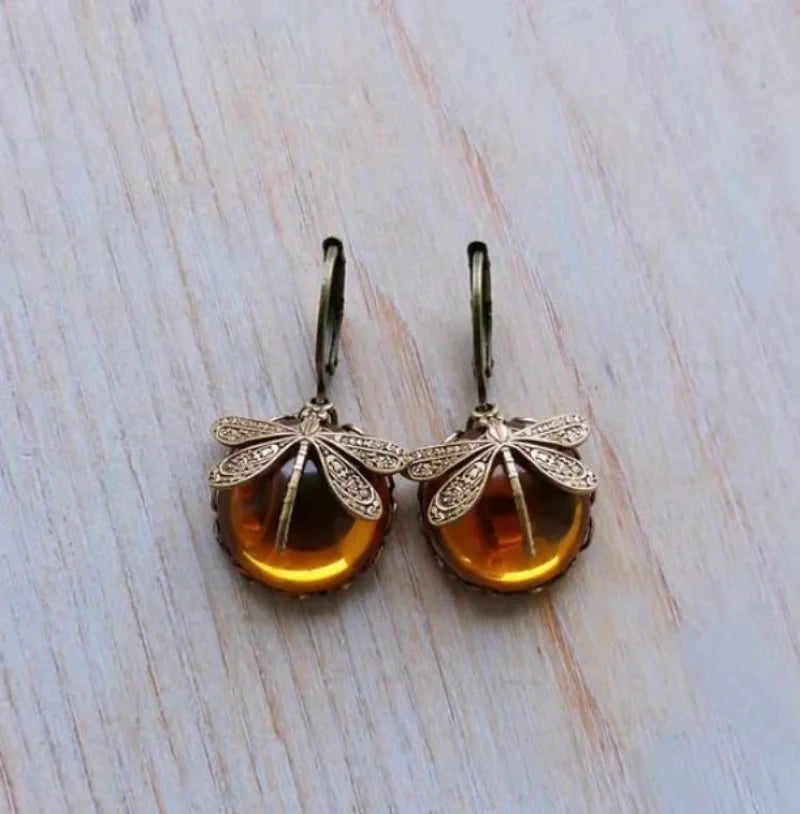 Vintage Bronze Dragonfly Drop Earrings with Moonstone Accent - Smarsty