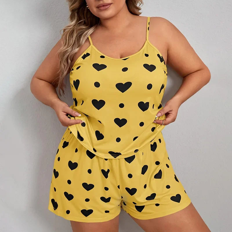 Plus Size Heart Print Women Pajama Set Sleeveless O Neck Crop Top & Elastic Waist Shorts 2 Pieces Female Sleepwear Nightwear - Smarsty