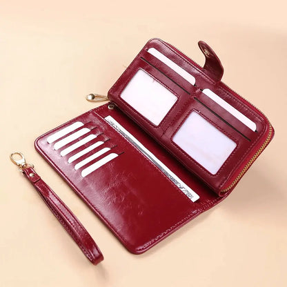 Women's Vintage Oil Wax PU Leather Clutch Wallet Female Large Capacity Phone Purse Ladies Wristband Simple Card Holder Pouch Bag - Smarsty