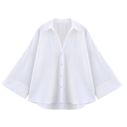 HipSeam Wide Sleeved Shirt Women Spring Asymmetric Hem Button Women's Shirts Simple Lady Johnny Collar Linen Shirts & Blouses - Smarsty