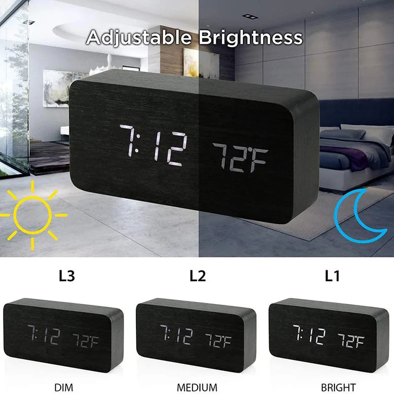 Wooden Digital Alarm Clock with Temperature Display - Smarsty
