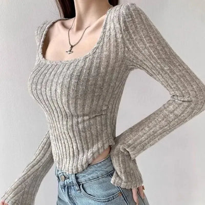 Sexy Pullovers Women Off Shoulder Cropped Knitted Basic Clothes Autumn All-match Side Slit Simple Tender Slim Gentle Seductive - Smarsty