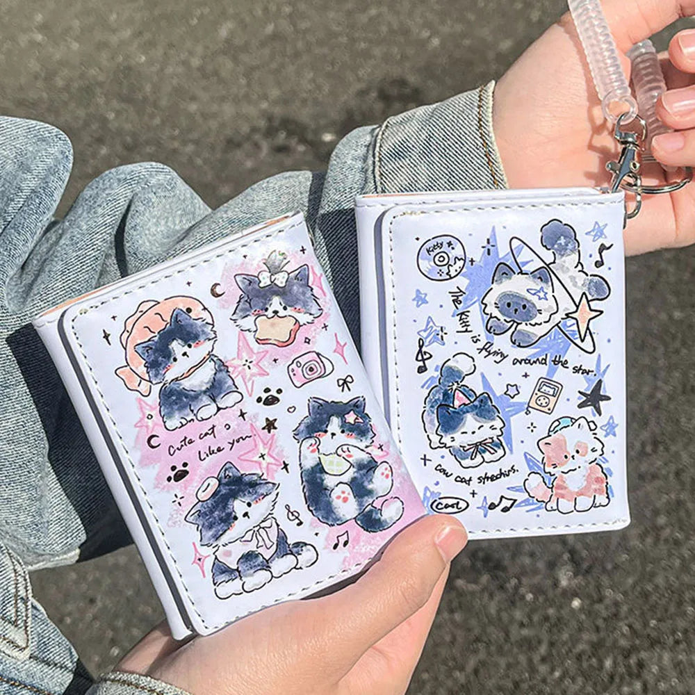 PU Leather Cute Women Wallet Coin Purse Simple 3 Folds Multi-card Slots Card Holder Cute Cat Dog Short Wallets for Girls - Smarsty