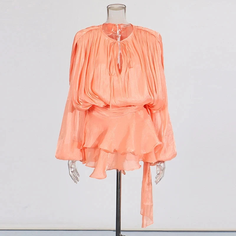TWOTWINSTYLE Solid Spliced Lace Up Loose Dresses For Women O Neck Long Sleeve High Waist Temperament Dress Female Fashion New - Smarsty