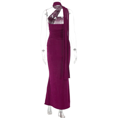 Hugcitar Halter Solid Sleeveless Backless Ruched Sexy Bodycon Maxi Prom Dress Summer Women Elegant Outfit Evening Party Birthday - Smarsty