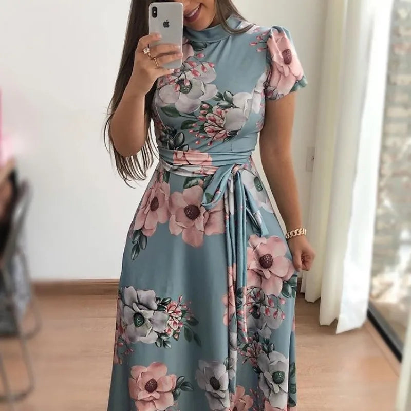 Women's Slim Dresses Casual Long Sleeve Round Neck Flower Printed Dress Strap Floor-Length Long Skirt Women's Clothing - Smarsty