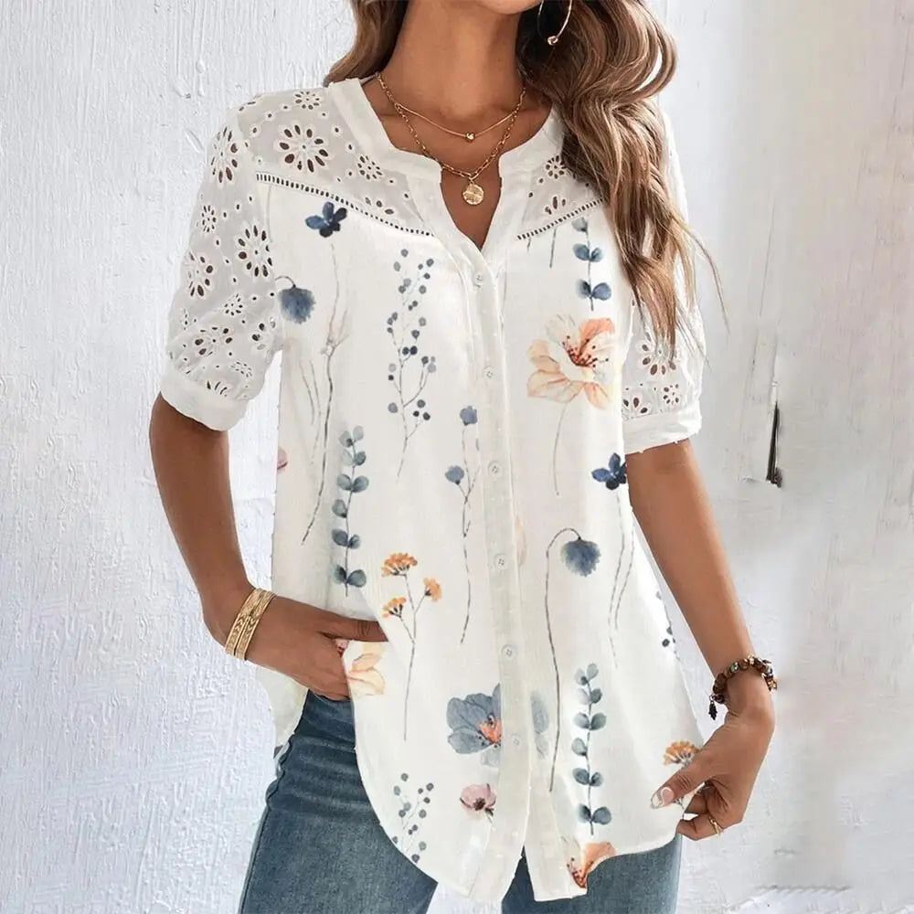 Temperament Casual Lace Woman Shirt Fashion Loose Shirt Woman Elegant Short Sleeve Blouse Holiday Weekend - Smarsty