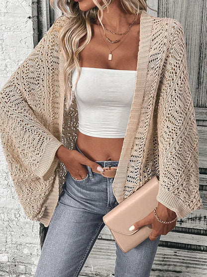 Polyester 100.00% solid color camisole knit cardigan elegant front open bat wing sleeve loose cardigan for women - Smarsty