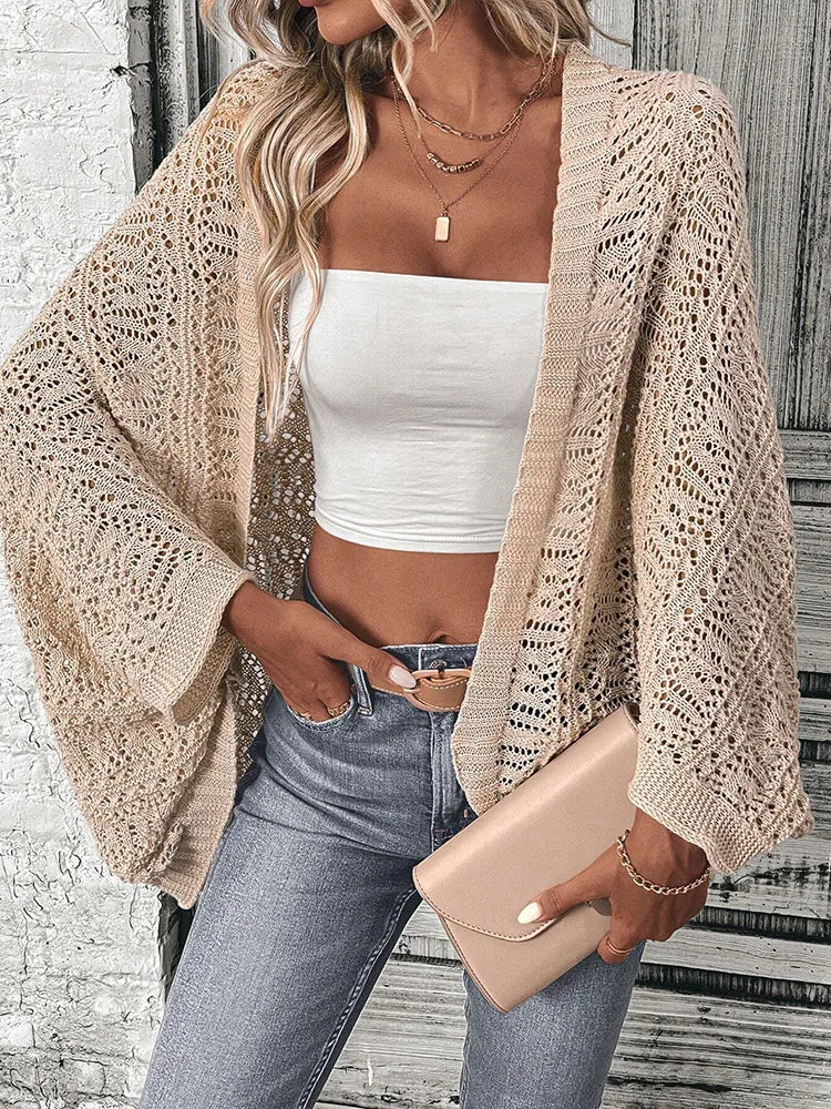 Polyester 100.00% solid color camisole knit cardigan elegant front open bat wing sleeve loose cardigan for women - Smarsty