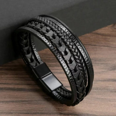 Mens Vintage Multi Layered Leather Bracelet Magnetic Buckle - Smarsty