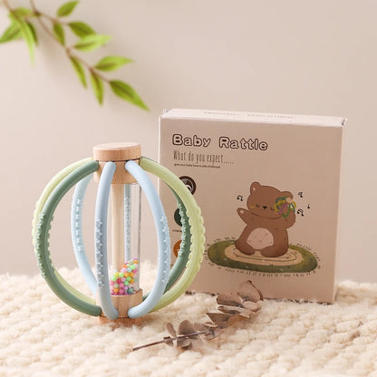 Baby Rattle Toy Wooden Rain Drum With Silicone Baby Sensory Touch Toy Newborn Dental Care Gum Anti-eating Hand Molar Stick Gif