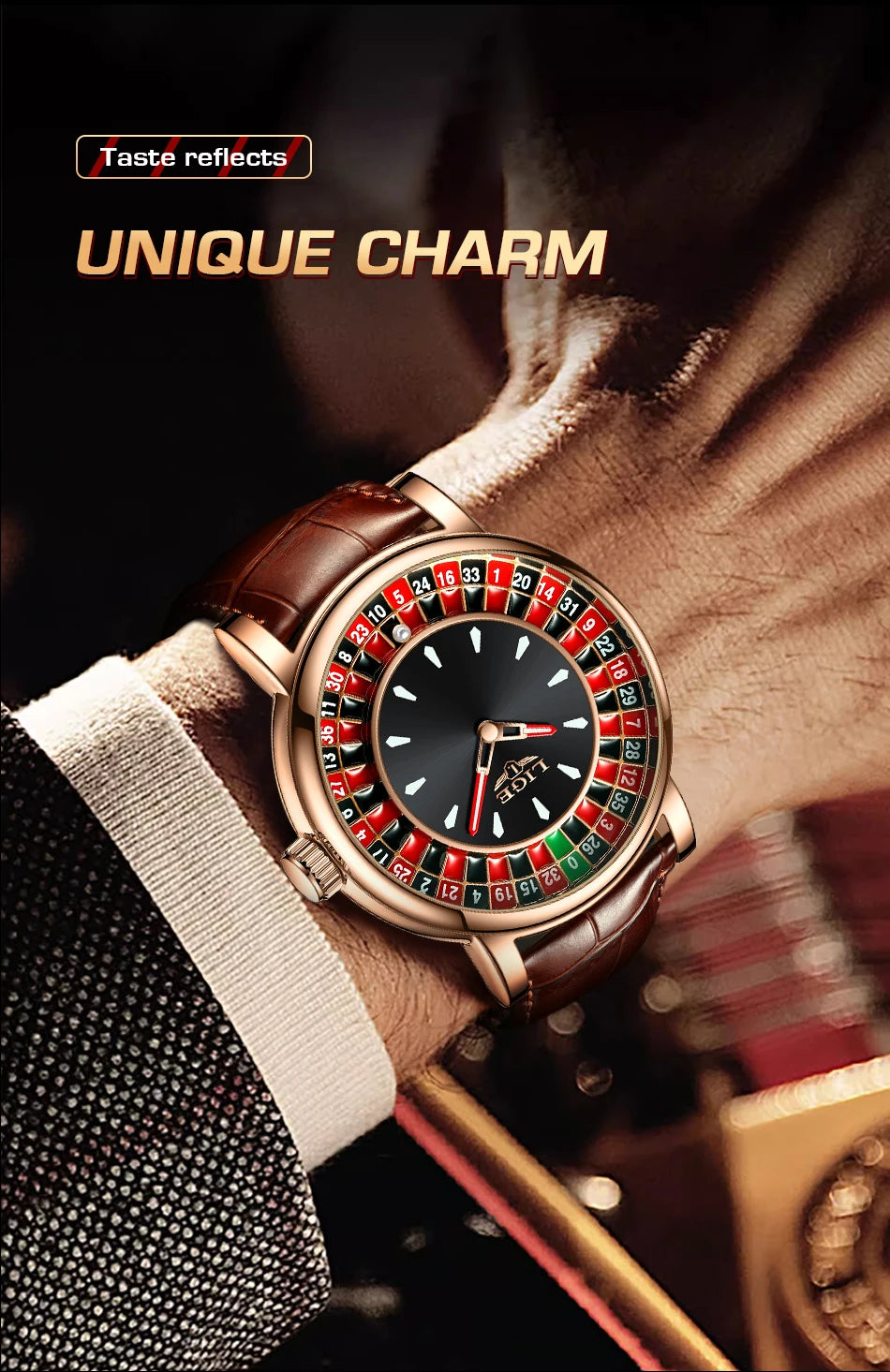 LIGE Waterproof Brown Leather Men's Roulette Watch - Smarsty