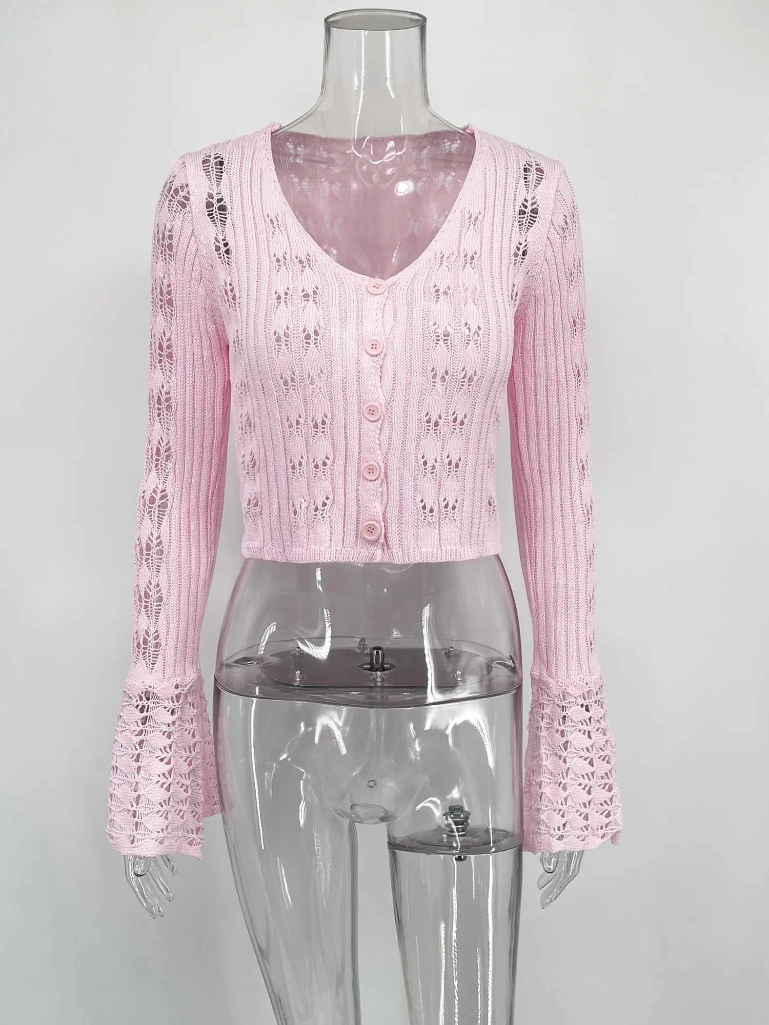TARUXY Hollow Knitted Cardigan Women's Solid Long Sleeve V Neck Short Sweater Top Summer 2025 New Female Crochet Casual Outwear