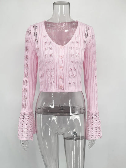 TARUXY Hollow Knitted Cardigan Women's Solid Long Sleeve V Neck Short Sweater Top Summer 2025 New Female Crochet Casual Outwear
