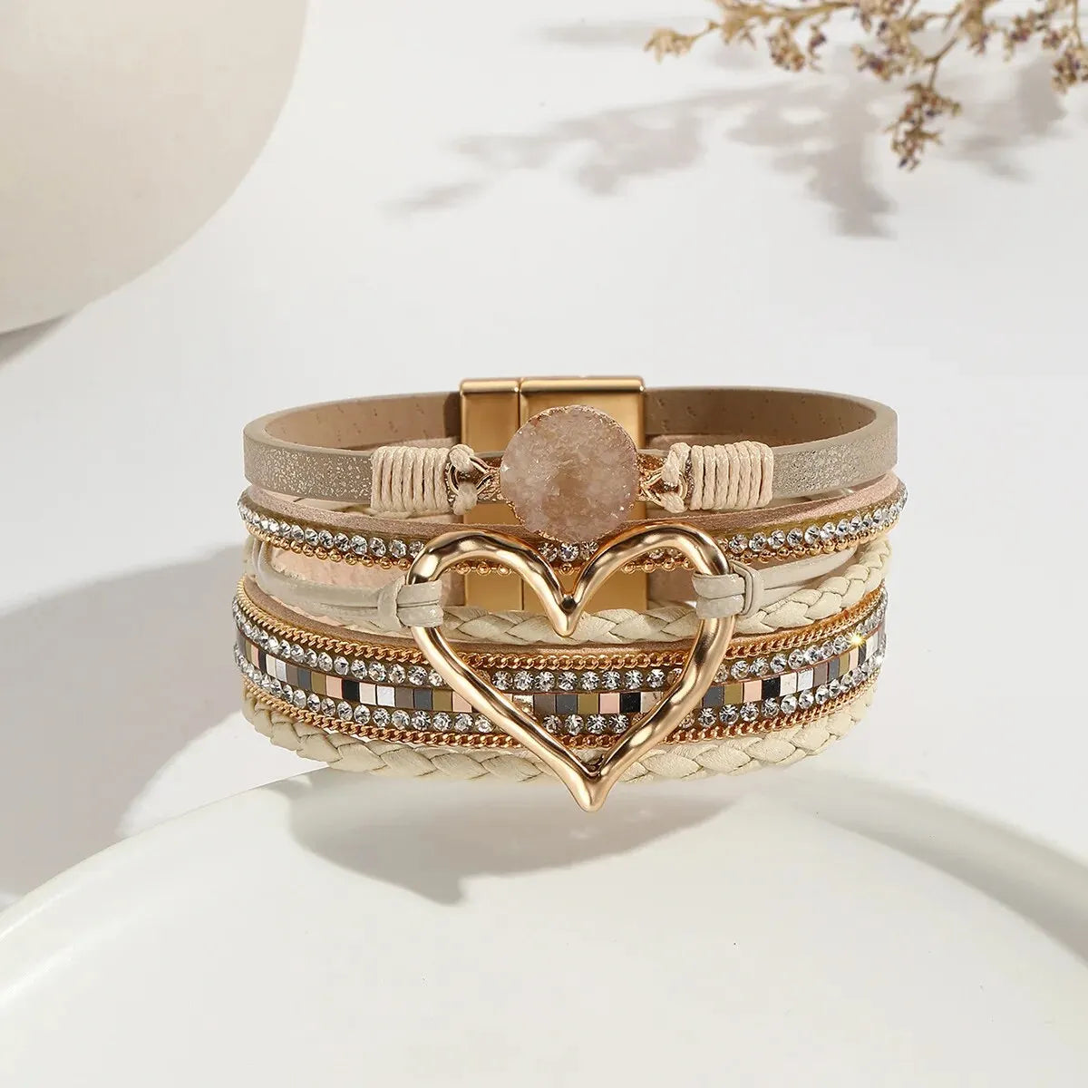 Women Leather Heart Charm Bracelet Rhinestone Wrap - Smarsty