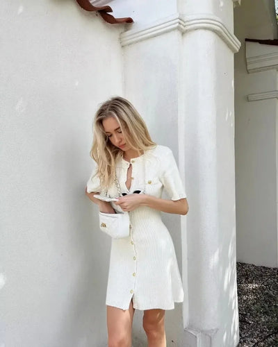 Trendix Elegant Knit Mini Dress Women Street Slim High Waist Short Sleeve Rib Sweater Dresses Vacation Bodycon Knitwear Dress - Smarsty