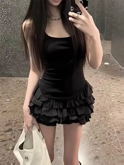 Chic Y2K Sleeveless Mini Dress For Woman Summer Black Dresses Sexy Clubwear Party Slim fit Ruffle Pleated Short Dress - Smarsty