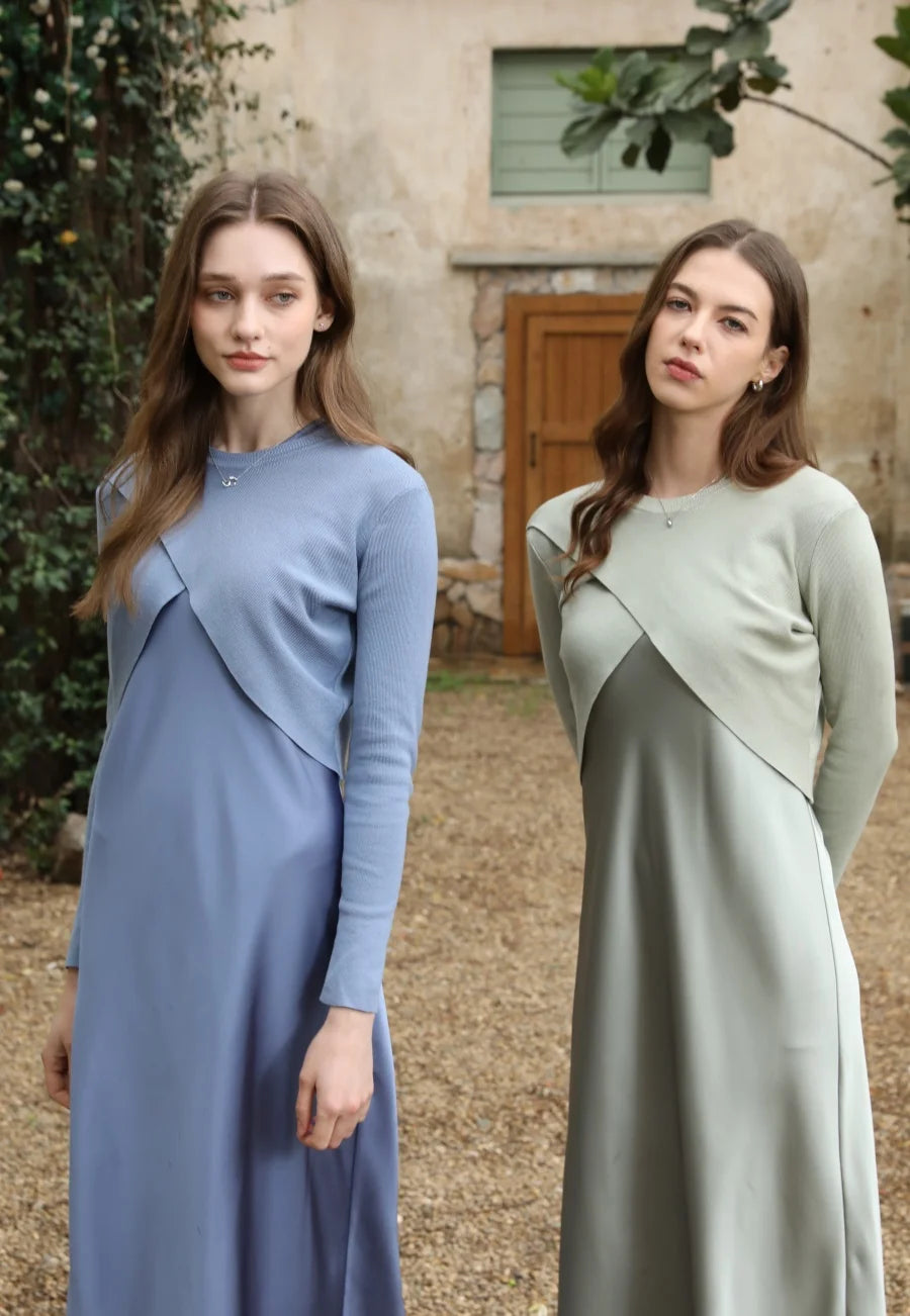AS 2025 spring summer elegance satin dress + knitted top match set maxi floor length woman clothes