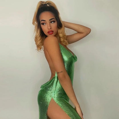 Sexy and Fashionable Women's Elegant Short Dress with Hanging Neck Backless Bottom Chest Sequin Party Girl Dance Dress - Smarsty