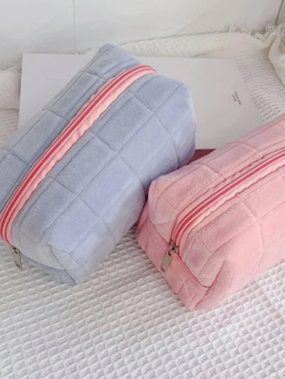 Cute Plush Makeup Bag for Women Portable Travel Small Cosmetic Bags Solid Color Zipper Toiletry Bag Washing Pouch Storage Bags - Smarsty