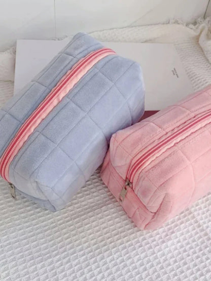 Cute Plush Makeup Bag for Women Portable Travel Small Cosmetic Bags Solid Color Zipper Toiletry Bag Washing Pouch Storage Bags - Smarsty