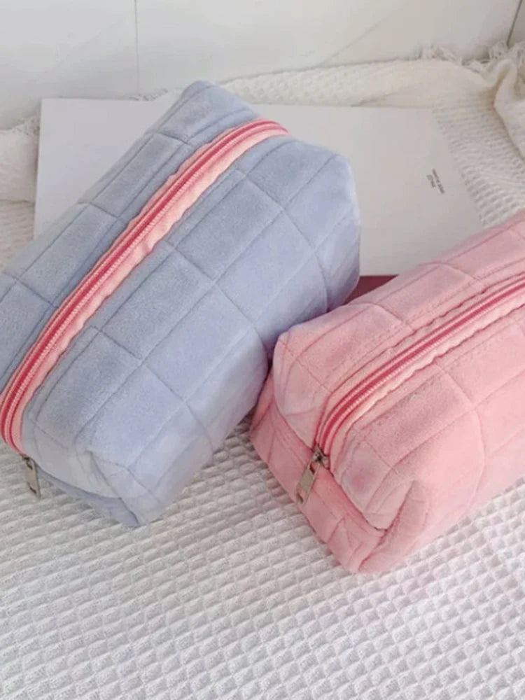 Cute Plush Makeup Bag for Women Portable Travel Small Cosmetic Bags Solid Color Zipper Toiletry Bag Washing Pouch Storage Bags - Smarsty