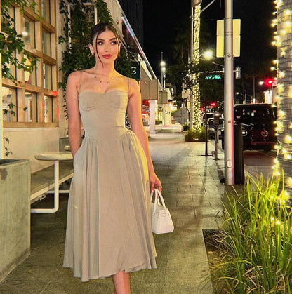 Suninheart Elegant Spaghetti Strap Midi Dress Slim A Line Party Dresses Navy Blue Casual Birthday Holiday Dress Women's clothing - Smarsty