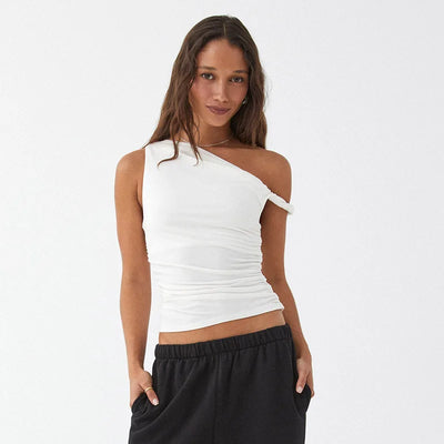 Simple Basic Casual Summer Tank Top Sleeveless Solid Color Off Shoulder Side Ruched Crop Tops Vestidos Spring Women T S - Smarsty