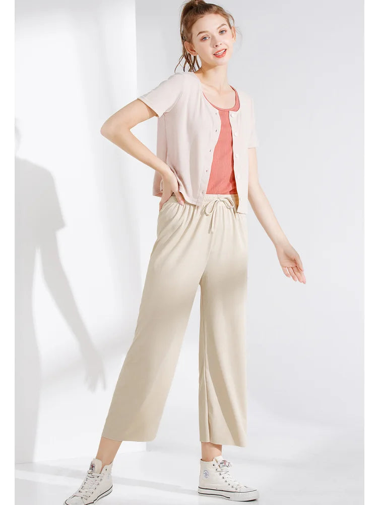 Women Ankle-Length Wide Leg Pants Casual Summer Solid Elastic Waist Loose Ice Silk Pants Spring Summer Female Trousers - Smarsty